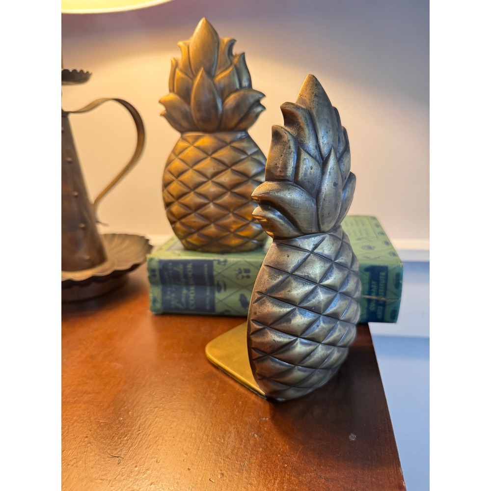 Vintage Pineapple Bookends Antiqued Gold Brass Finish Hollywood Regency Decor
